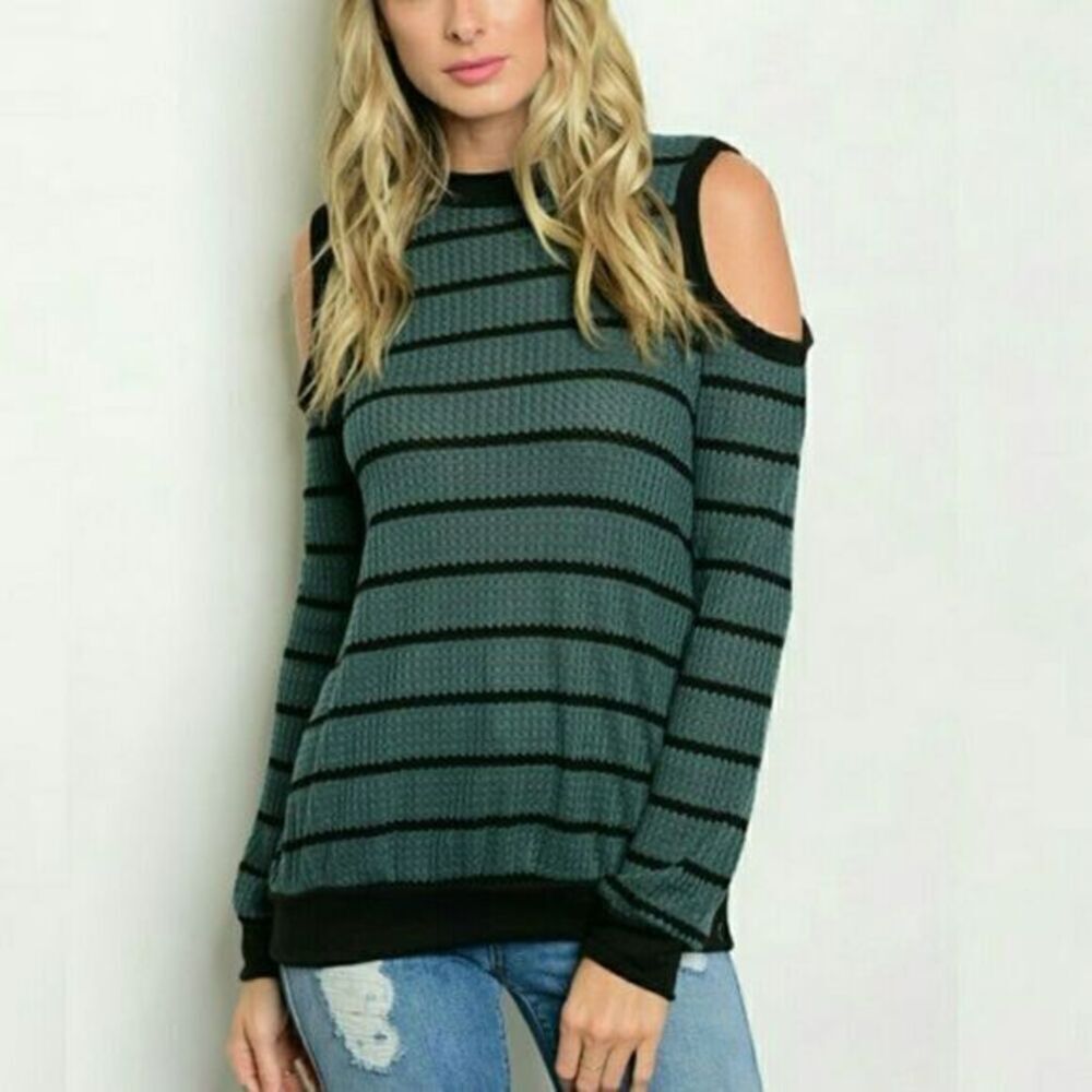 Olive Striped Cold Shoulder Sweater